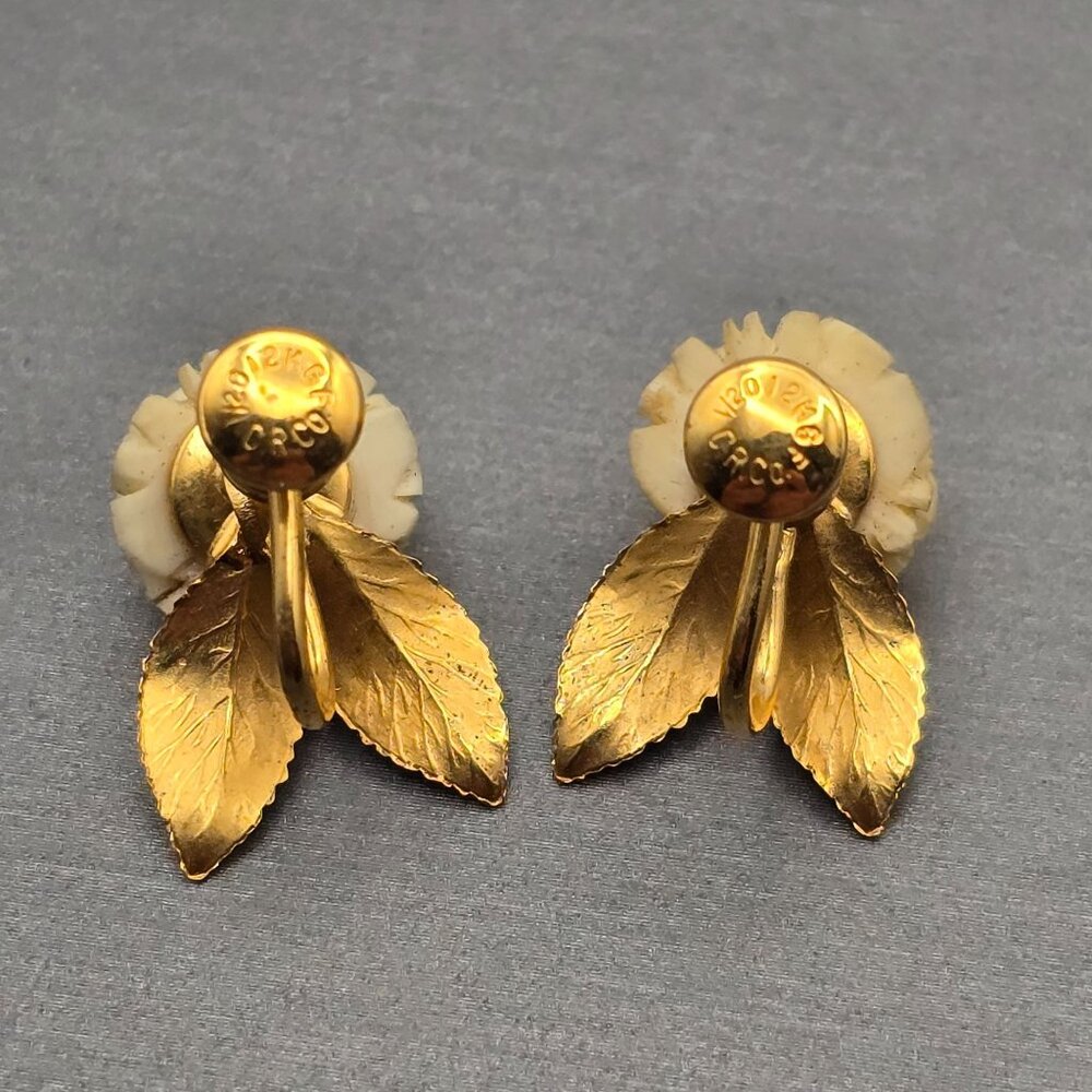 VTG Krementz Gold-Filled Carved Celluloid Rose Screw Back Earrings & Brooch Set - Picture 3 of 12